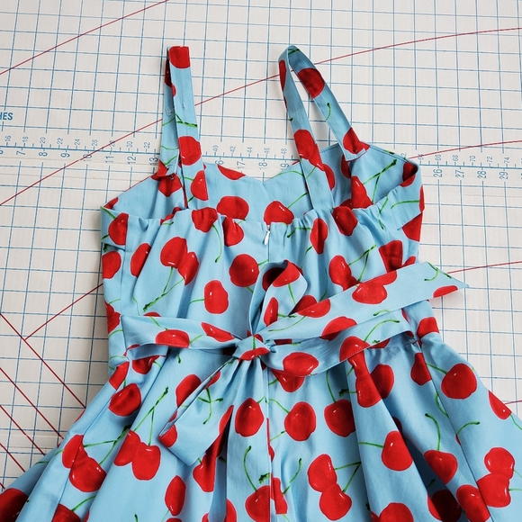 Tribal Rhythm Cherry Retro Dress Women's Medium ? Rockabilly Skater Blue Red - Picture 6 of 13